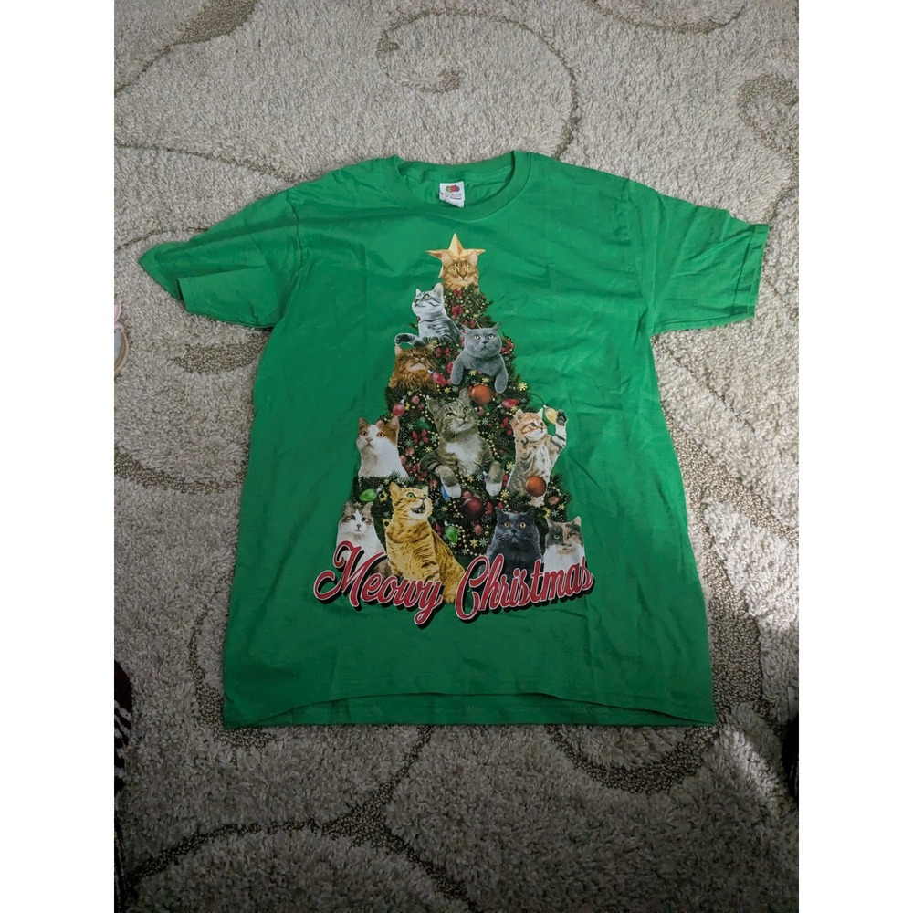 Meowry Christmas Cat Tree Graphic Tee Green Short Sleeve Small